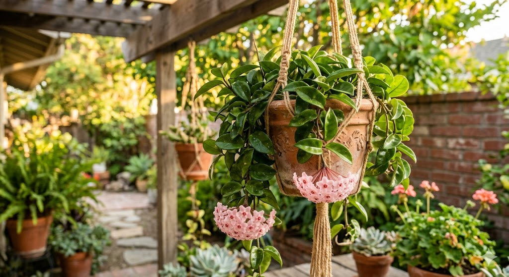 A beautiful, blooming Hoya with a cluster of star-shaped pink flowers hanging down, captured in the golden hour light of a late summer afternoon.