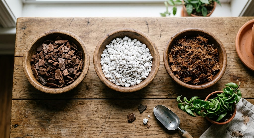 A flat-lay "ingredients" shot. Three wooden bowls containing orchid bark, chunky perlite, and coco coir, arranged on a rustic wooden table with a small Hoya plant in the corner.