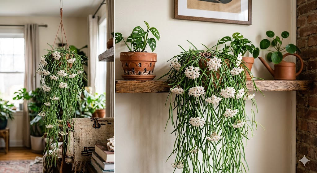 A beautiful Hoya linearis cascading down from a shelf, covered in white star-shaped blooms. The focus is on the contrast between the green leaves and the delicate flowers.