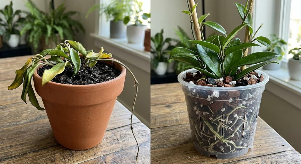 A side-by-side comparison. On the left, a sad, drooping Hoya in dense, black dirt. On the right, a thriving, vibrant Hoya in a clear orchid pot showing healthy, white roots through the chunky bark mix.