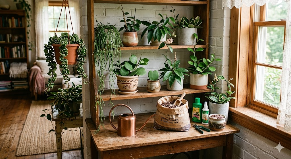 A cozy indoor "plant nook" with several different Hoya species in various pots. A watering can and a bag of orchid bark sit nearby, creating a peaceful, hobbyist atmosphere.