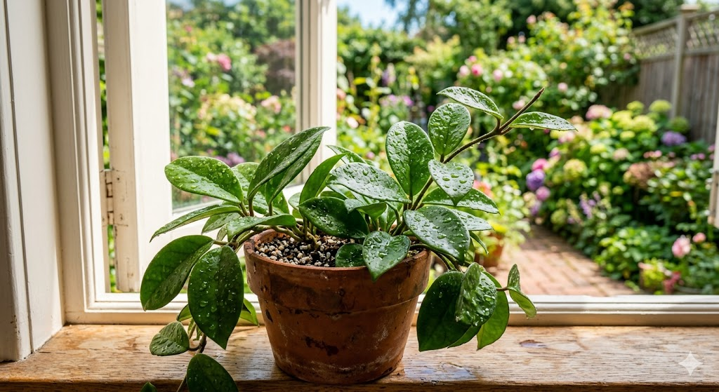 A close-up, high-resolution photo of a Hoya Carnosa with water droplets on its thick, waxy green leaves, sitting in a bright, sun-drenched window with a soft bokeh background of a summer garden.