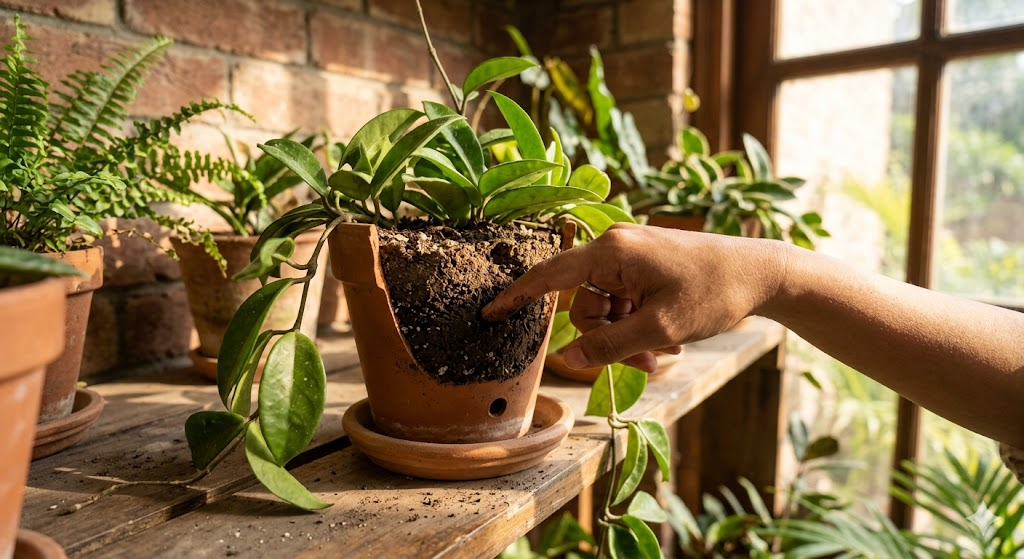 An infographic-style photo showing a hand checking the soil of a Hoya plant with the "finger test," with clear labels indicating the "Dry Zone" (top 2 inches) and "Moist Zone" (bottom of the pot).