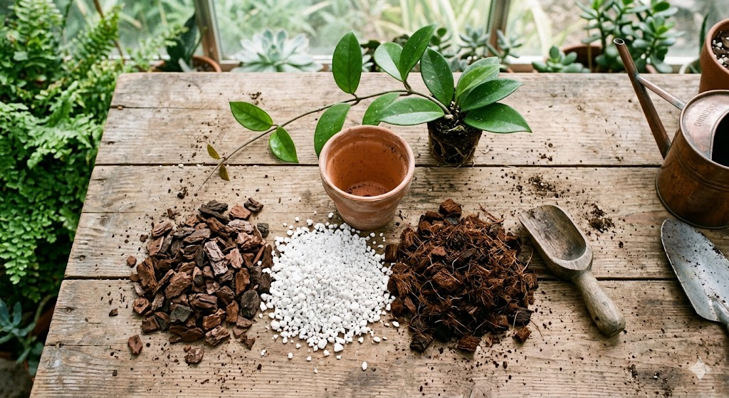  A flat-lay photo of Hoya potting ingredients: a pile of chunky orchid bark, white perlite, and dark coco coir, with a small terracotta pot and a healthy Hoya cutting nearby.