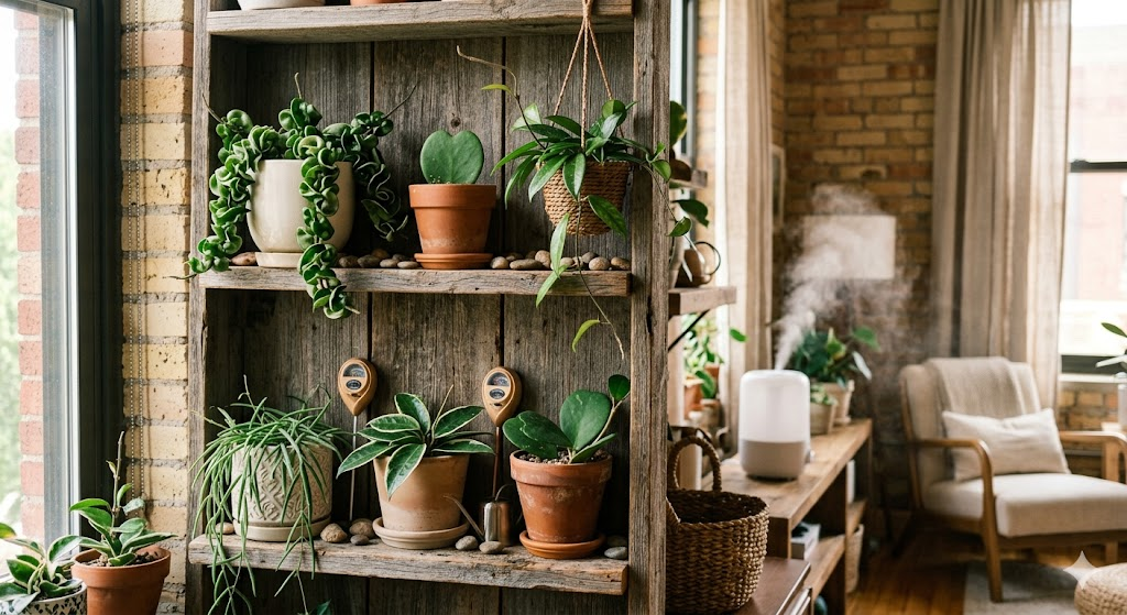 A cozy indoor plant corner featuring several Hoya varieties on a wooden shelf, with a small, modern humidifier emitting a light mist in the background.