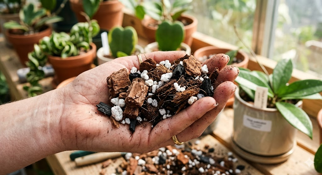 A close-up, high-resolution shot of a hand holding a handful of chunky Hoya soil mix. You can clearly see large pieces of orchid bark, white perlite, and a bit of dark coconut coir. The lighting is natural and bright, highlighting the different textures.