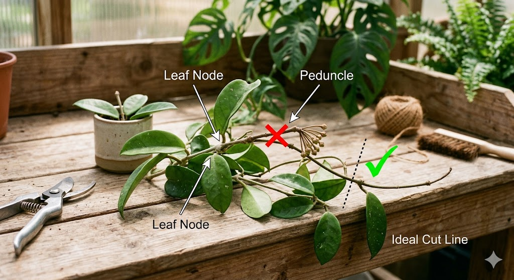 An infographic-style photo showing a Hoya vine with clear labels pointing to a 'Leaf Node', a 'Peduncle' (with a red 'X' over it), and the 'Ideal Cut Line' (with a green checkmark). The background is a clean, minimalist wooden potting bench.