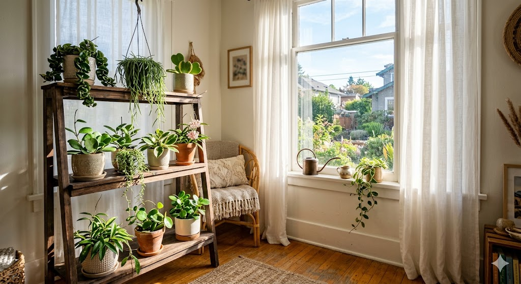 A wide-angle shot of a sun-drenched indoor "plant nook" featuring several Hoya varieties on a tiered stand near a large, east-facing window with white linen curtains.