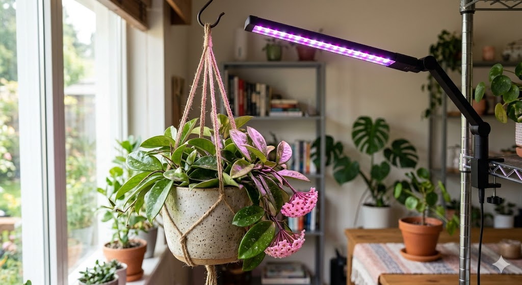 A sleek, modern black LED grow light arm positioned over a hanging Hoya plant in a ceramic pot, showing the purple-tinted full-spectrum glow hitting the leaves.