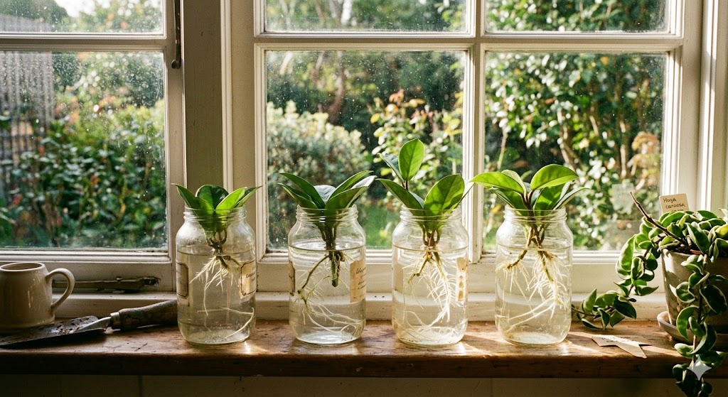 A series of clear glass jars on a sunny windowsill, each containing a Hoya cutting with visible white roots growing into the water. The sunlight creates a warm, glowing effect through the leaves.