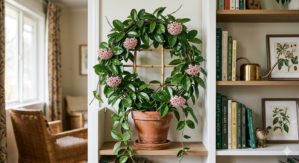A beautiful, mature Hoya plant expertly trained around a circular bamboo trellis, creating a lush green "wreath" effect. The plant is in a stylish terracotta pot on a modern white bookshelf.