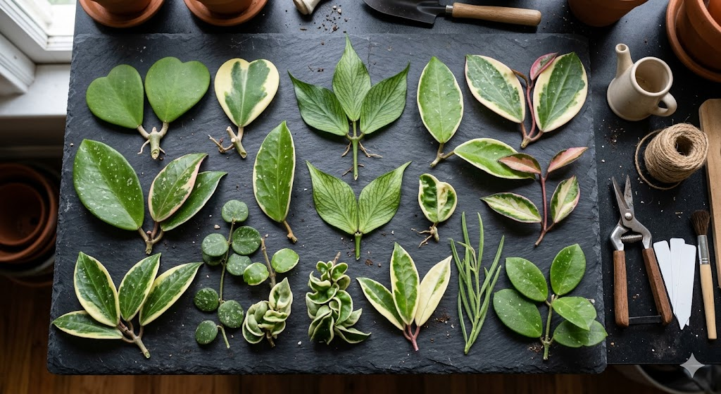 A flat-lay photograph of various Hoya leaves of different shapes and colors (variegated, heart-shaped, lance-shaped) arranged artistically on a dark slate background, representing the diversity of the species.