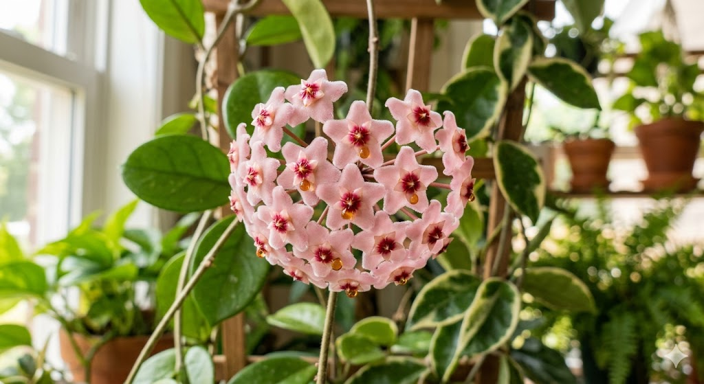A close-up, high-resolution macro shot of a Hoya carnosa umbel with glistening nectar drops on the star-shaped pink flowers, soft natural sunlight hitting the wax-like texture, blurred indoor garden background.