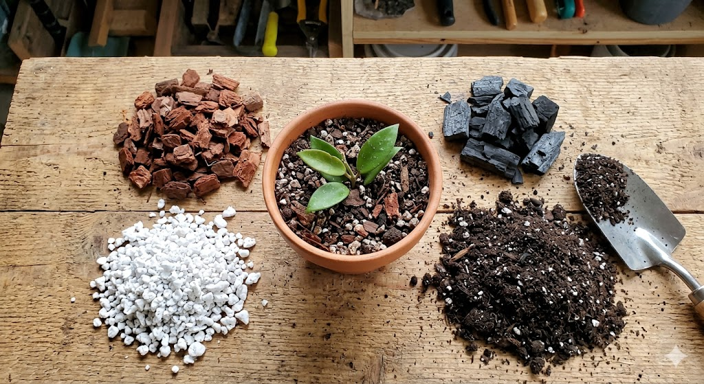 A flat lay of Hoya potting ingredients: chunky orchid bark, white perlite, dark charcoal, and a small Hoya cutting in a terracotta pot, soft natural lighting, top-down perspective.