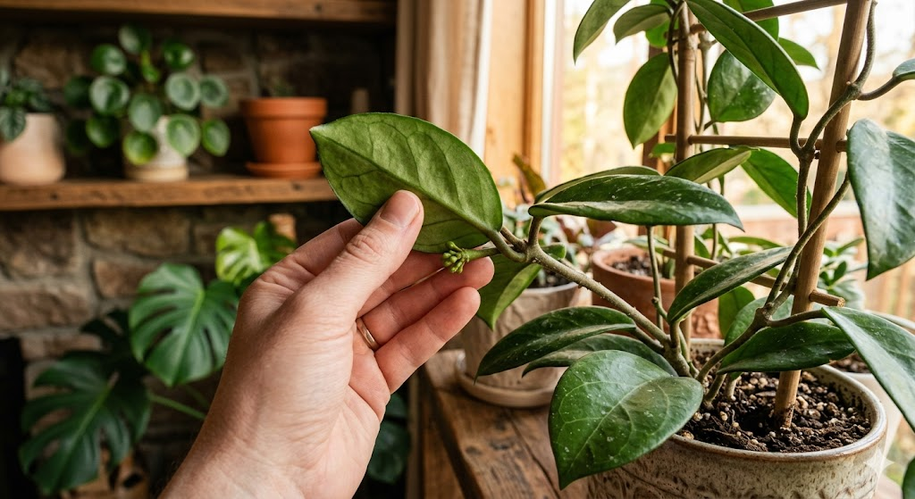 A person's hand gently lifting a Hoya leaf to reveal a developing green peduncle (flower spur), detailed texture of the plant, warm indoor lighting, macro photography.