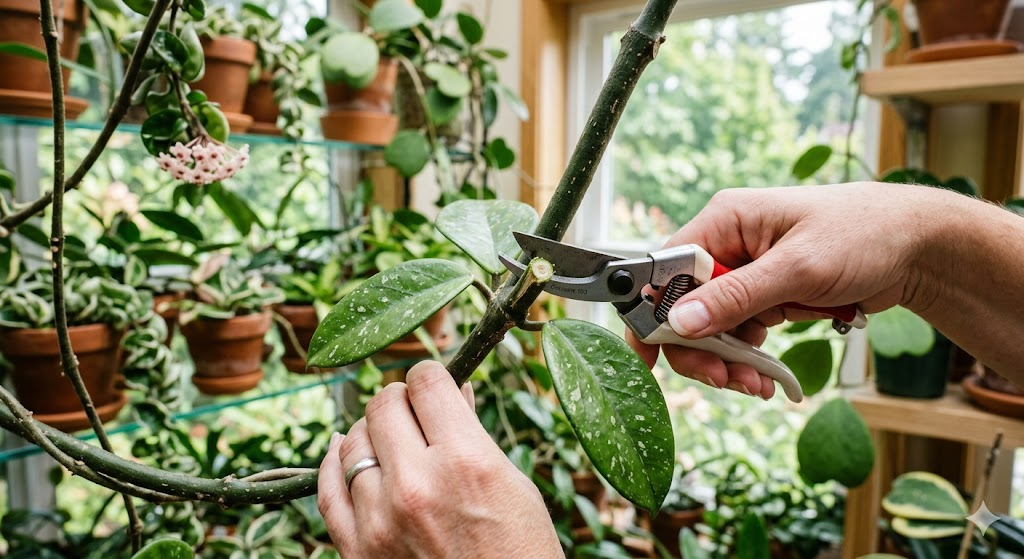 A high-resolution, close-up photo of a professional chef's hands (showing expertise and care) using sharp, bypass pruning shears to make a clean 45-degree angle cut on a thick Hoya carnosa vine, just above a healthy leaf node. Soft, natural morning light, macro detail of the vine’s texture.